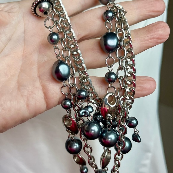 Necklace silver/gray beads black ribbon asymmetrical  jewelry - Picture 9 of 15